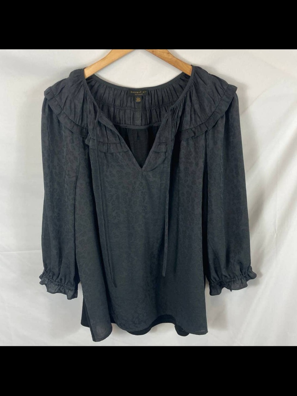 Anthropologie Current Air Black Ruffled V-Neck Blouse